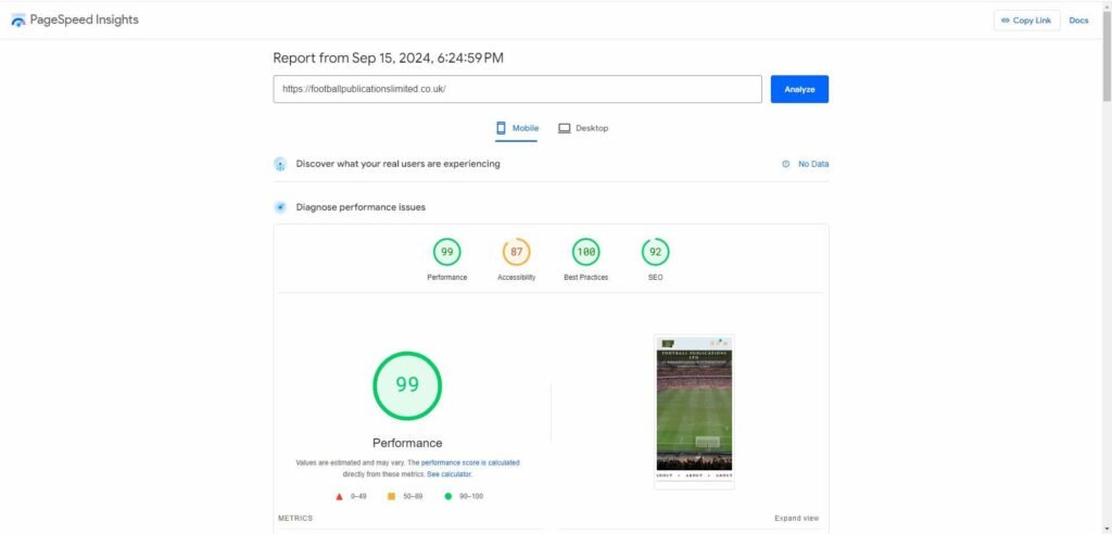 Improved speed on footballpublicationslimited.co.uk mobile version after plugin configuration