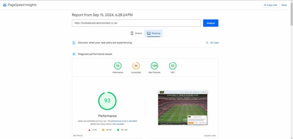Footballpublicationslimited.co.uk desktop speed before installing the plugin