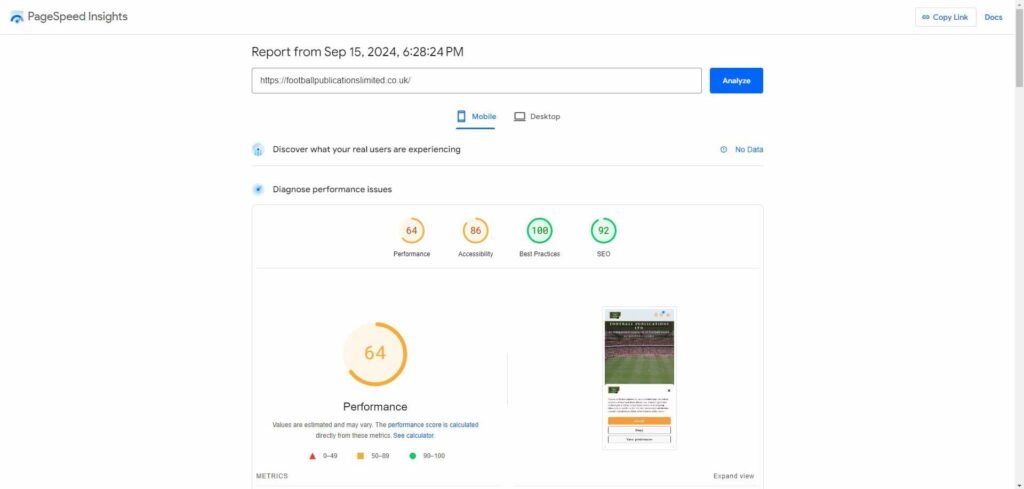 Footballpublicationslimited.co.uk mobile speed before installing the plugin