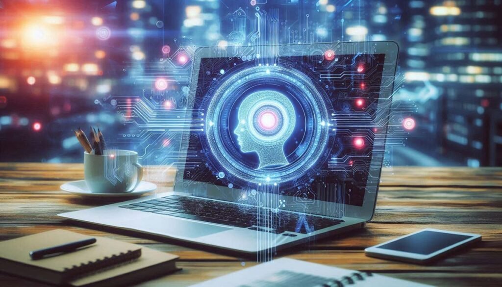 A laptop displaying a digital human head with glowing circuits, symbolizing the integration of AI and technology in digital marketing.